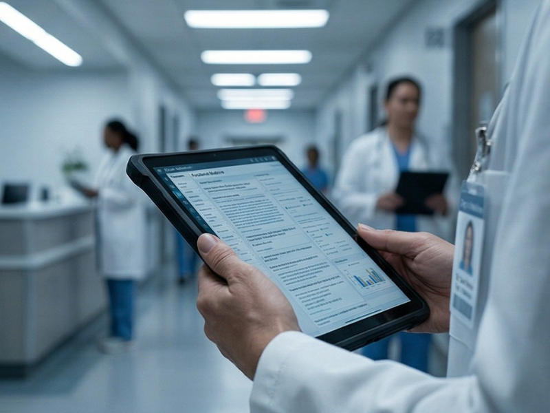 Clinician reviewing notes on tablet in a hospital corridor